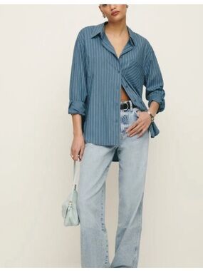 Reformation Will Oversized Button-Down Shirt - Blue with White Stripes - Size XL